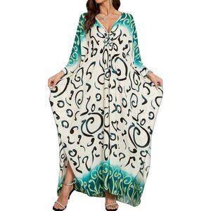 Women's Beige Black Abstract V Neck Batwing Sleeves Summer Cover Up Kaftan Dress